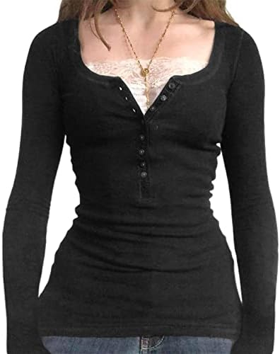 Y2k Fairy Grunge Shirts Long Sleeve Slim Fitted V Neck Henley