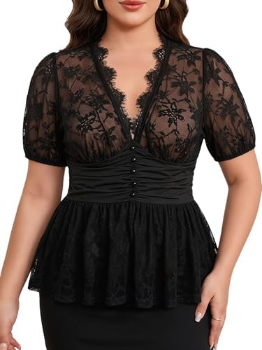 GORGLITTER Women's Plus Size Peplum Tops Sheer Mesh Lace Patchwork