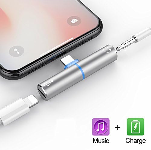 iPhone 8 dongle Headphone Jack For 3.5mm Headphones Audio Adapter 2A Fast Charge Headphone Splitter (no call function or data transmissi) (DC-Silver)
