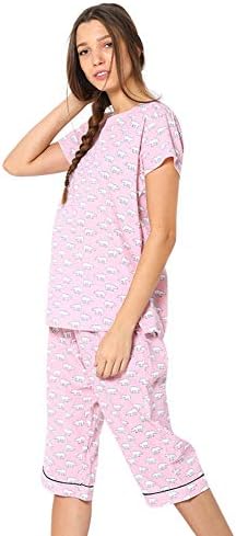 Huggs Luxury 100% Cotton 2pc Full Length Pyjama Set for Women Super Soft Cotton Pyjamas for Women Printed Cool Cotton Sleepwear Set Capri for Women Pyjamas Loungewear Notch Collar Pyjama (S- XXL)