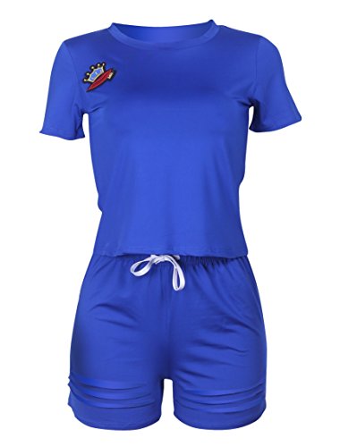 VLUNT Women Hollow Out 2 Piece Set Short Sleeves T Shirt and Bodycon Short Pants Outfits Activewear,Blue-XXXL - Thumbnail 2