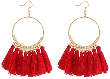 iKulilky Earrings Women, Boho Tassels Earrings, Long Hanging Earrings, Women Sweet Jewelry Wicker Braid Drop Ethnic Bohemian Earrings for Wedding Carnival - Red