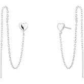 Vanbelle 925 Sterling Silver Jewelry - Dangling Chain & Heart Stud Threader Earring - Rhodium Plated - Classic Lightweight Valentine Gift for Her