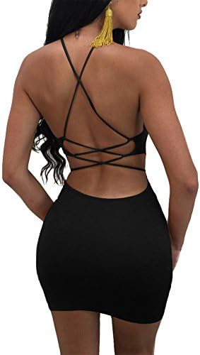 MISFONDLE Women's Sexy Bodycon Backless Spaghetti Lace up Mini Club Dress