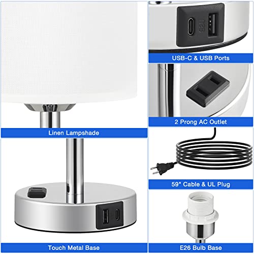 Juego de 2 lámparas táctiles de mesita de noche pequeña, 3 vías, regulables, puertos USB C, A y tomacorrientes, modernas para habitación de niños, con pantalla de lino y base plateada, color blanco