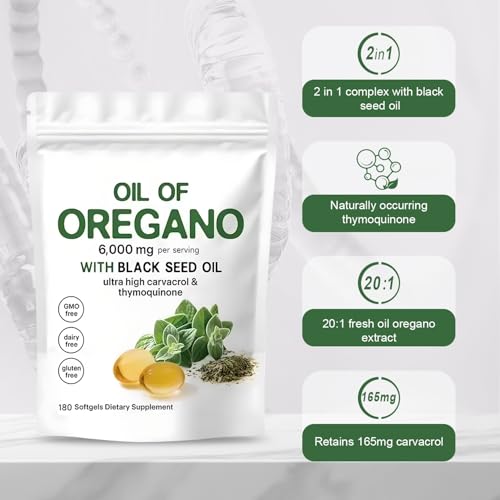 Oregano Oil with Black Seed Oil Capsules – 2-in-1 Formula for Immune Support – Plant-Based, Non-GMO Oil of Oregano Capsules (180 Softgels/1 Bag)