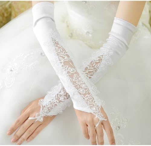 CIMC LLC Women's Fingerless Length Applique Stain Lace Elbow Gloves, Ivory