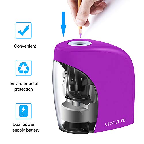 Electric Pencil Sharpener, VEYETTE Purple Portable Pencil Sharpener Perfect for Kids, Teachers and Artists, Plug & Battery Operated,USB Included - Thumbnail 3