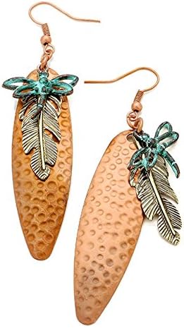 Tri-tone Hammered Copper Gold and Turquoise PatinaTone Dragonfly Earrings Fish Hook Ear Wire