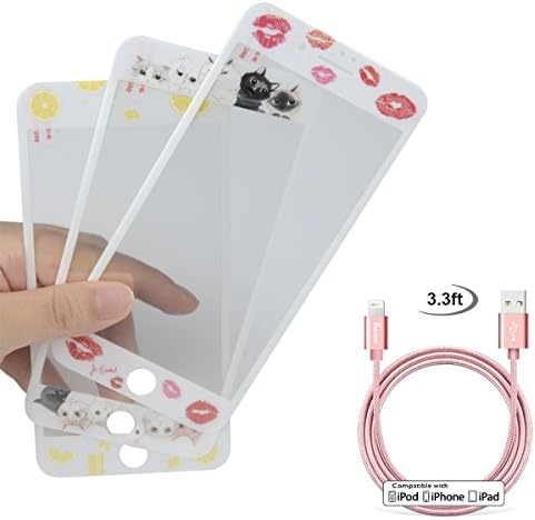 [2-Pack] WOOO 3D Embossing Tempered Glass Screen Protector Soft Edge-to-Edge Full Coverage with iPhone Cable for iPhone7 Plus (Lemon + Cat + 3.3ft cable)