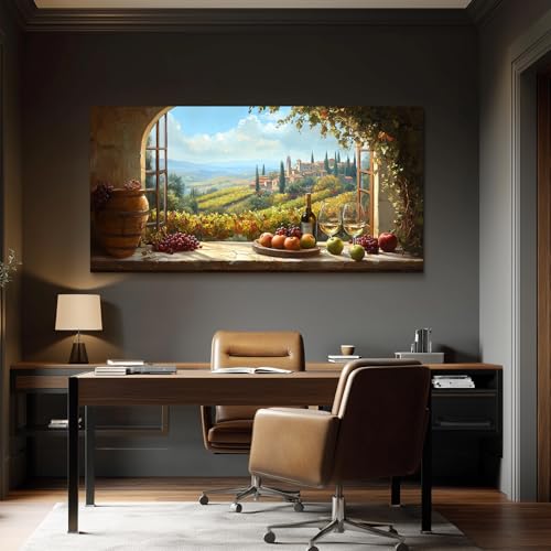MHARTK66 Wine-growing landscape painting, 73 x 146 cm, XXL decorative canvases with window, fruit and wine glasses, Tuscan and rustic decoration for living room, dining room, bedroom, hallway, bathroom, office