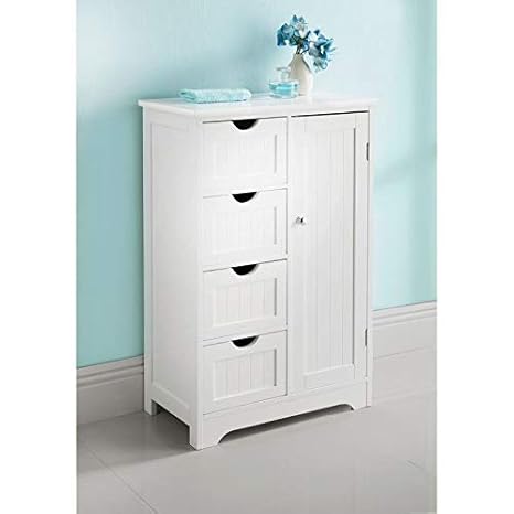 White Wood Free Standing 1 Door 4 Draw Bathroom Cabinet Storage