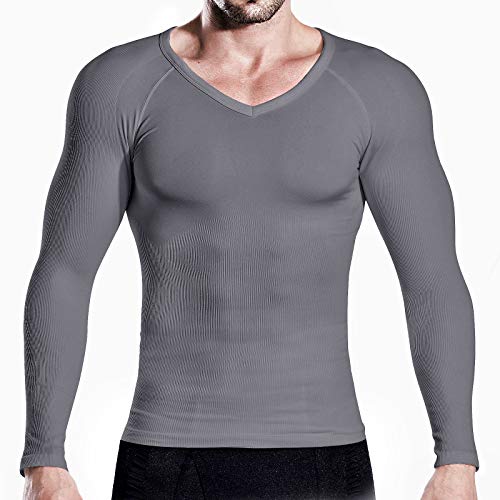 Hoter Mens Slim Tight Super Soft Compression & Slimming Shaper V-Neck Compression Shirt (Grey-I, L)
