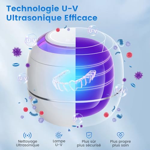 SEANCHEER Ultrasonic Cleaner 48000Hz Dental Pod | 180ML | Portable Mini Ultrasonic Cleaner with UV Lamp for | Dental Prosthetic | Dental Gutter | Bruxism | Aligner | Retainer | (White)