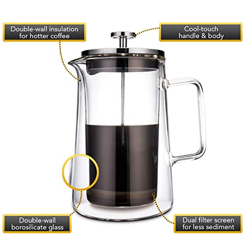 KF1010 French Press Coffee Maker by Kaffe. (27oz / 0.8L) 6-cup Double-Wall Borosilicate Glass