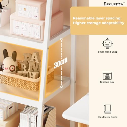 Beauenty Ladder Shelf, 5 Tier Bookshelves Bookcase, Corner Storage Racks, Freestanding Shelf Organizer for Living Room, Bedroom, Kitchen, Bathroom, Metal Frame (White)