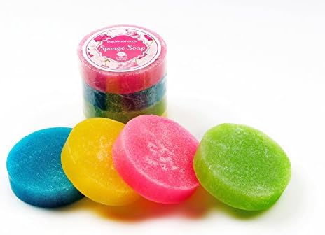 Vegan Handmade Sponge with Olive Oil Soap Mixed Inside (2 in 1). 4 x 3.5 oz Bars Sampler with 4 Assorted Scents