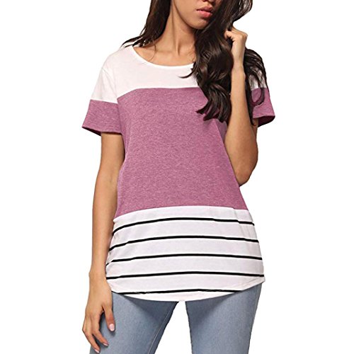 Click Here to See More Images NREALY Womens Summer Striped Color Block Casual T Shirts Short Sleeve Blouses Tops(Pink, Medium)