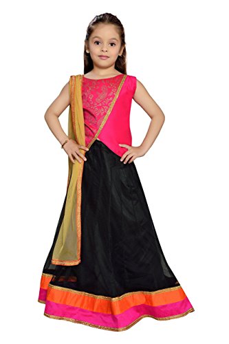 Kay big girls  pink black printed cotton silk net lehenga choli 9…