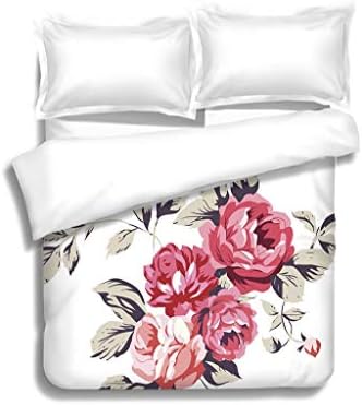 MTSJTliangwan Duvet Cover Set Vintage Pink Roses 3 Piece Bedding Set with Pillow Shams, Queen/Full, Dark Orange White Teal Coral