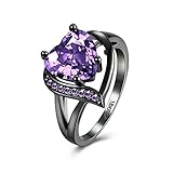 FENDINA Black Gold 18K Wedding Ring Heart Emerald Dark Purple Amethyst Inlay Fashion Ruby CZ Created Ring Engagement, Size 6