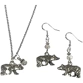 Bear Necklace & Earring Set, with clear crystal accent beads on sterling silver earwires