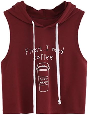 Women Fashion Sexy Coffee Print Hooded Crop,Prettymenny Sleeveless T-Shirt Tops (L, Red)