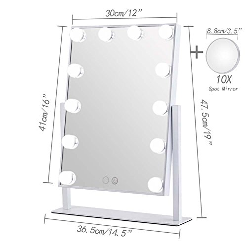 Geek-House Lighted Vanity Mirror Hollywood Style Makeup Tabletops, Large Cosmetic Mirror with 12 x 3W Super Bright Dimmable Touch Control LED Bulbs, White