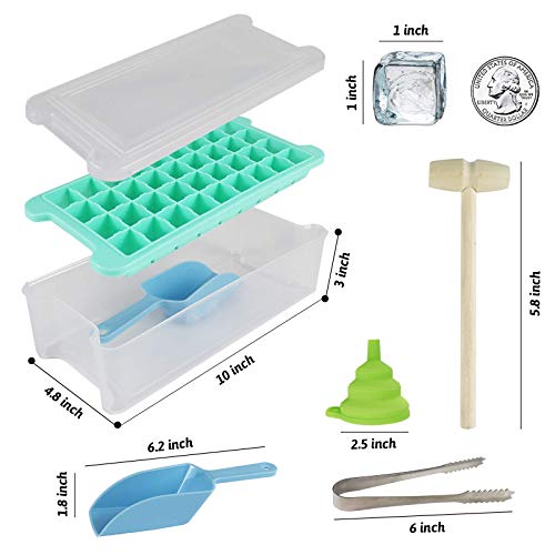 FADIKX Silicone Ice Cube Tray With Lid 36 Ice Cube Molds With Scoop Ice Tongs Silicone Funnel & Wooden Hammer Ice Box Container for Freezer,Chilled Drinks, Whiskey, Cocktail, Food(Blue or Green))