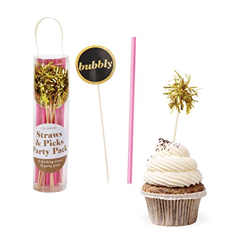 C.R. Gibson Pink Party Supplies Paper Straws and Cupcake Picks, 24 pcs