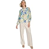 Calvin Klein Women's Floral-Print Gathered Cold-Shoulder Blouse (Pear Multi, Medium)