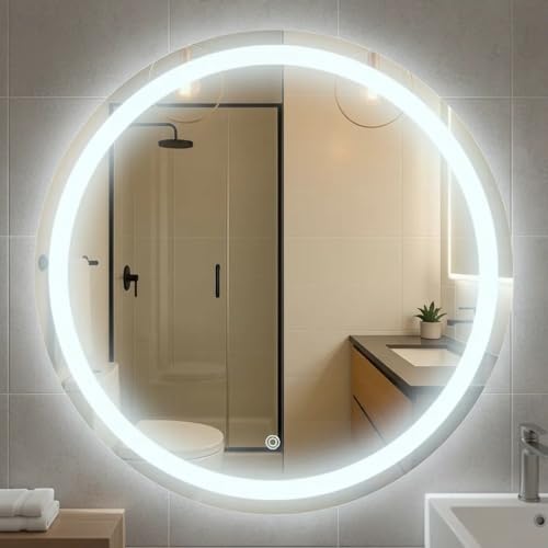 Espelho Redondo 3 Cores de LED e Touch Screen - Vários tamanhos - Decorativo Lapidado Iluminado Luxo (90x90cm)