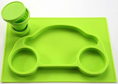 One-Piece Silicone Placemat Tray + Plate Car + Collapsible Cup + Cup Holder (Green) for Baby and Toddler – FREE BONUS