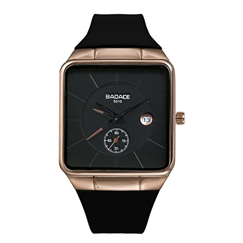 Men's Square Face Japan Quartz Watch with Second Dial Calendar Rubber Strap (Rose Gold)
