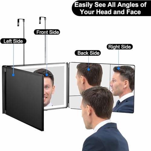 Vanexiss Rechargeable 3 Way Mirror for Hair Cutting, Real Glass Adjustable Trifold Mirror with 3 Color Temps LED Light & Telescoping Hooks for Makeup, Shaving & Styling