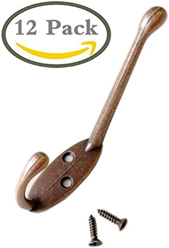 12 Pack Heavy Duty Metal Decorative Dual Coat Hooks Wall Mounted Double Coat Hanger for Hat hardware Dual Prong Retro Coat Hanger with 26 Screws Reddish Brown