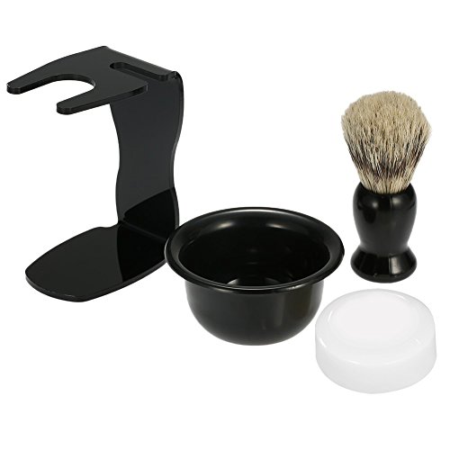 Shaving Set 4IN1 Badger Hair Shaving Brush Acrylic Shaving Razor Stand Holder Shaving Soap Bowl Shaving Soap Shaving Frame Base Beard Cleaning Shelf Kit Shaving Brush Stand Tools for Men (Black)