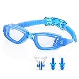 Puroma Swimming Goggles Nose Clip Ear Plugs Leakproof Antifog UV Resistant Diving Glasses Mask with Clear lens, Silicone Strap for Kids, Youth, Juniors, Adults (Blue)