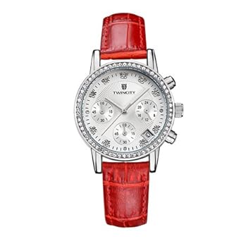 BAJEETA Chronograph Rhinestone Women Watch Ladies Quartz Leather Watch Girl Waterproof Fashion Genuine Six-Pin Red - Red�