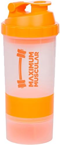 Protein Shaker Bottle By Maximum Muscular, Cup with Extra Storage Compartment for Powders &amp; Pills, Massive 20oz Capacity, Orange