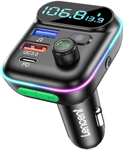 LENCENT Bluetooth FM Transmitter, Car Cigarette Lighter Bluetooth 5.0  Transmitter, Fast Car Charger PD Type C+ QC3.0, Hands-Free Calling, MP3  Music Player Bass Support U Disk price in Saudi Arabia