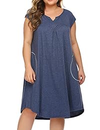 IN'VOLAND Women's Plus Size Nightgown Short Sleeve Sleepwear V-Neck Nightshirt with Pockets(16-24)