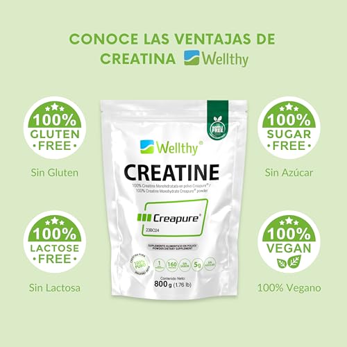 Wellthy Creatina Monohidratada Micronizada Creapure ® 800g. 100% Pura. Solo 1 Ingrediente Creatina Alemana Creapure®. Vegana, Sin Azúcar, 160 porciones, 5g por porción, Pre Entreno con Scoop. Pure. Proven. Perfect.