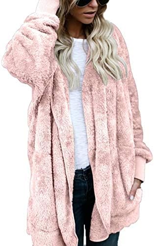 Women Fuzzy Fleece Jacket Outwear Pockets Open Front Hooded Cardigan Coat Pink S