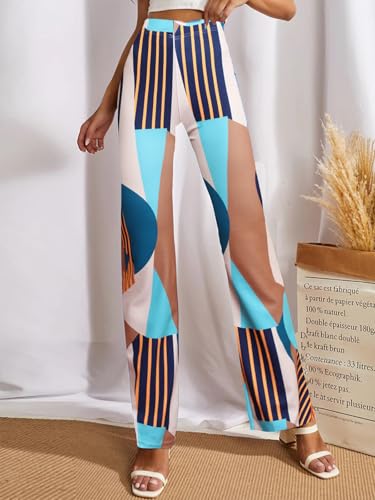 Preneum Women's Striped Wide-Leg High-Waisted Korean-Inspired Comfortable & Stylish and Formal Bell Bottom Trouser Pant, Blue & Cream, 2XL 4