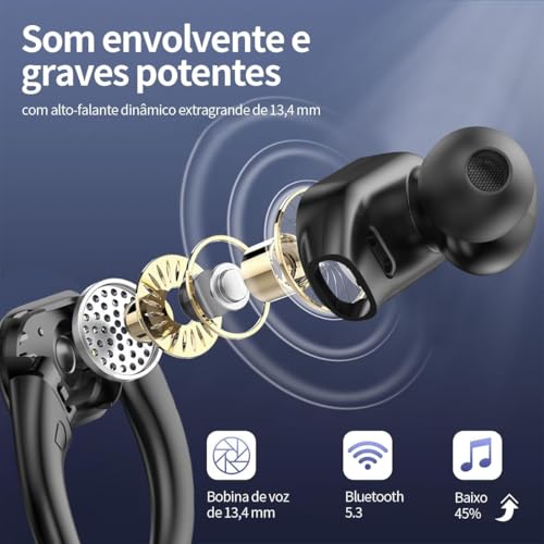 Fones de Ouvido Bluetooth Sem Fio, Esportivo c/ 80h de Reprodução com LED Display e com Gancho Anti Quedas, IPX7 à Prova d'Água, Graves Profundos, Compatível com iOS e Android - Esportes/Treino