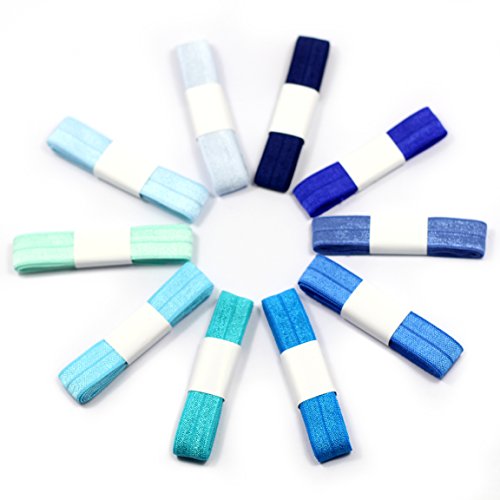 Midi Ribbon Value Pack 5/8" Stretch Fold Over Elastic - 10 Yards Grab Bag- 10 Colors by 1 Yard - Solid Blue Collection - for Hair Tie Headband Satin Elastic, Wholesale Elastic
