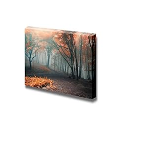 Beautiful Scenery Landscape Trees with Red Leafs in a Mysterious Fantasy Forest with Fog - Canvas Art Wall Art - 12" x 18"