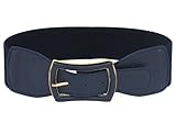 Lady Metal Single Pin Buckle Stretchy Cinch Band Waist Belt Dark Blue