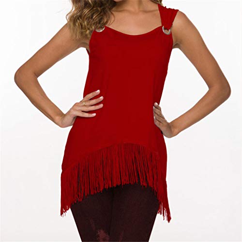 Cute Tops for Women,YEZIJIN Women's O-Neck Solid Sleeveless Tassel Hem Loose Tops Blouse Red - Thumbnail 2